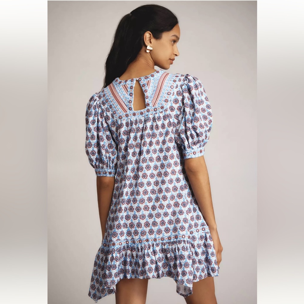 Anthropologie Maeve Puff Sleeve V Neck Medallion Lined Mini Dress Size Medium - Picture 6 of 14